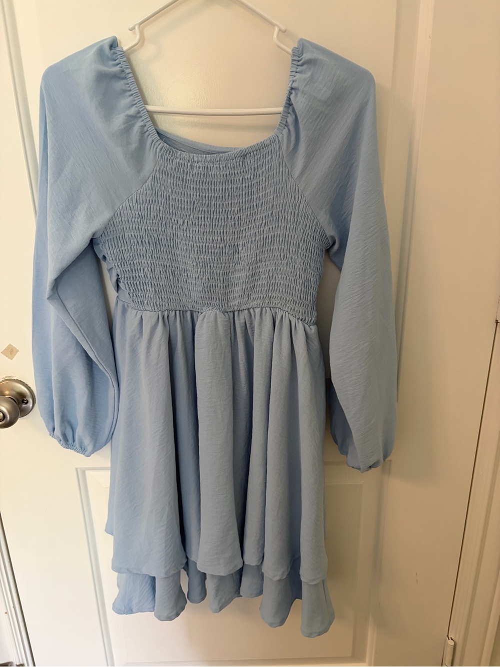 Girls' Light Blue Smocked Long-Sleeve Casual Dress